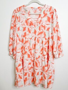 Mary Square Coral Floral Tiered Mini Dress Puff Sleeve Resort Spring Small